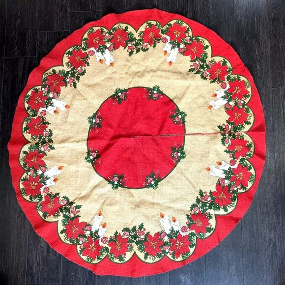 VTG Jute Burlap Christmas Tree Skirt Candles Poinsettia Swedish Scandinavian 50" - Picture 1 of 5